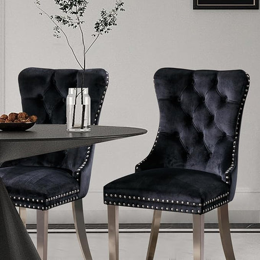 Velvet Upholstered Dining Chairs Set of 4, Modern Style Kitchen Side Chairs with Nailhead Trim and Silver Plated Leg, Metal Pulling Ring for Dining Room Living Room(Black, Set of 4)