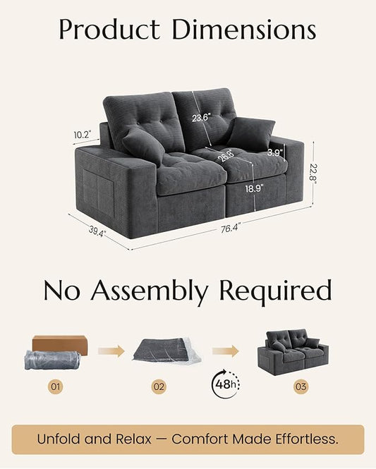 High Back Boneless Couch, Loveseat Cloud Couch with Versatile 2-Pack Pillow Blankets, Corduroy Modular Sectional Sofa, No Assemble Sectional Couches for Living Room, Dark Grey