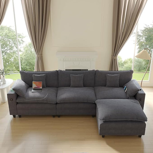 Cloud Couch, Modular Sectional Sofa with Ottoman, Charging Station, Throw Pillows, Cup Holders, Modern Convertible L Shaped Couches for Living Room, Bedroom (Grey, 116"- L Shape)