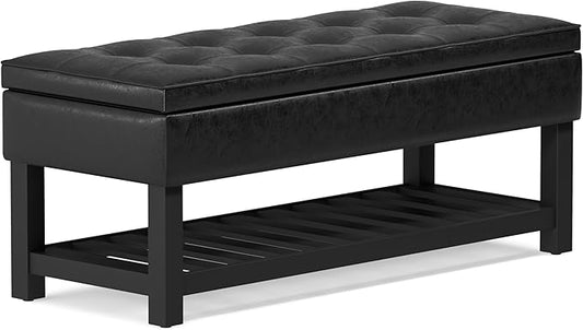 SIMPLIHOME Cosmopolitan 44 inch Wide Transitional Rectangle Storage Ottoman Bench with Open Bottom in Distressed Black Vegan Faux Leather, Assembled for the Living Room and Bedroom