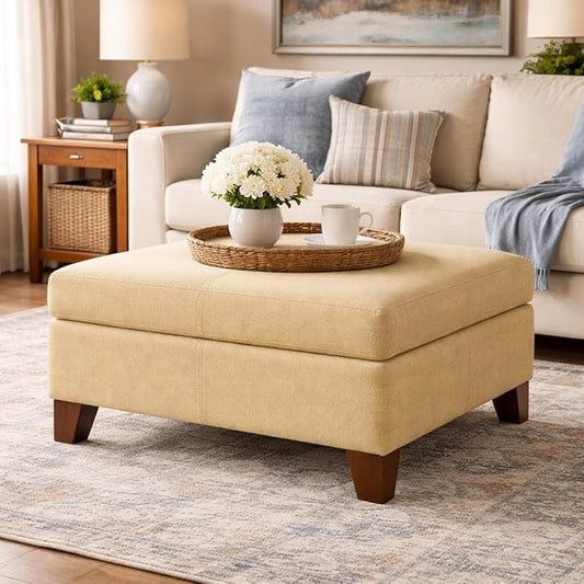 HomePop Woven Square Storage Ottoman with Wood Legs, Tan