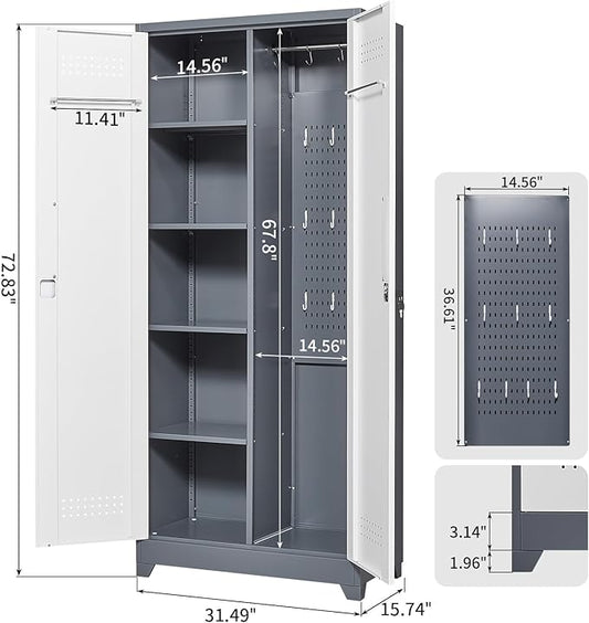 FLEXIMOUNTS 73'' Tall Metal Storage Cabinet with Locking Door, Large Cleaning Tool Organizer for Brooms, Garage, Laundry Room, Bathroom, Grey-White