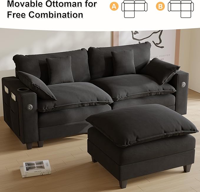 Cloud Couch, Modular Sectional Sofa with Ottoman, Charging Station, Throw Pillows, Cup Holders, Modern Convertible L Shaped Couches for Living Room, Bedroom (Classic Black, 80.7"- L Shape)