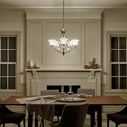 Kichler Dover 5-Light Chandelier in Antique Brass, Alabaster Swirl Glass, Traditional Style, (23" H x 24" DIA), 2020AB