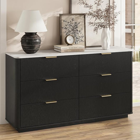 Fluted 6 Drawers Dresser with Charging Station, 55" Wide Modern Chest of Drawers with Faux Marble Top, Wooden Dresser TV Stand, Wood Drawer Organizer for Bedroom, Living Room, Hallway, Black