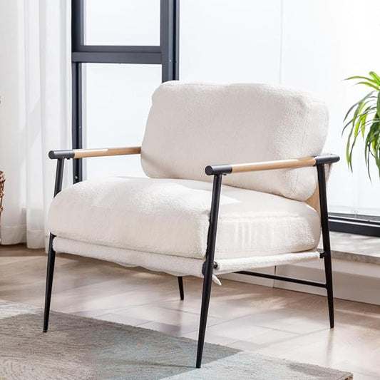 HEAH-YO Modern Accent Chair Set of 1, Upholstered Lambwool Living Room Chair with Backrests, Comfy Reading Armchair for Bedroom, White