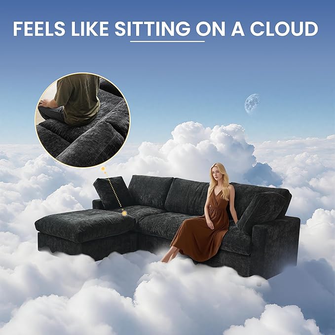 WJShome Modern V Shaped Sectional Couches for Living Room,100 Inch 5-Seater Chenille Deep Seat Modular Sofa with Ottoman, Cloud Couch for Bedroom and Apartment，Black