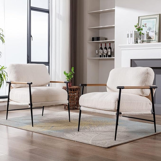 DUOMAY Mid-Century Modern Accent Chair Set of 2, Comfy Sherpa Sofa Lounge Chair Reading Corner Chair for Living Room Bedroom Office, Mid-Back Arm Chair with Black Metal Leg, White
