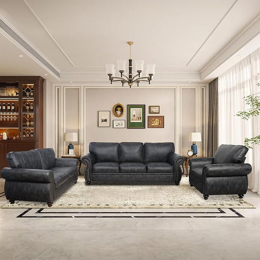 Living Room Furniture Sets,Sofa Sets and Couch Sets for Living Room,Mid-Century Vintage Sofa Couches with Rivet Design (Grey, Single+Loveseat+3 Seater)