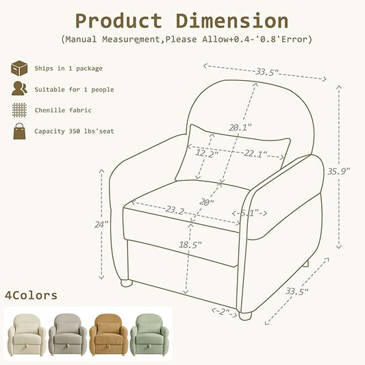 33.5" Mordern Accent Chairs,Reading Chair with Storage,Single Sofa in Chenille Fabric for Living Room, Bedroom and Compact Spaces. (Green)