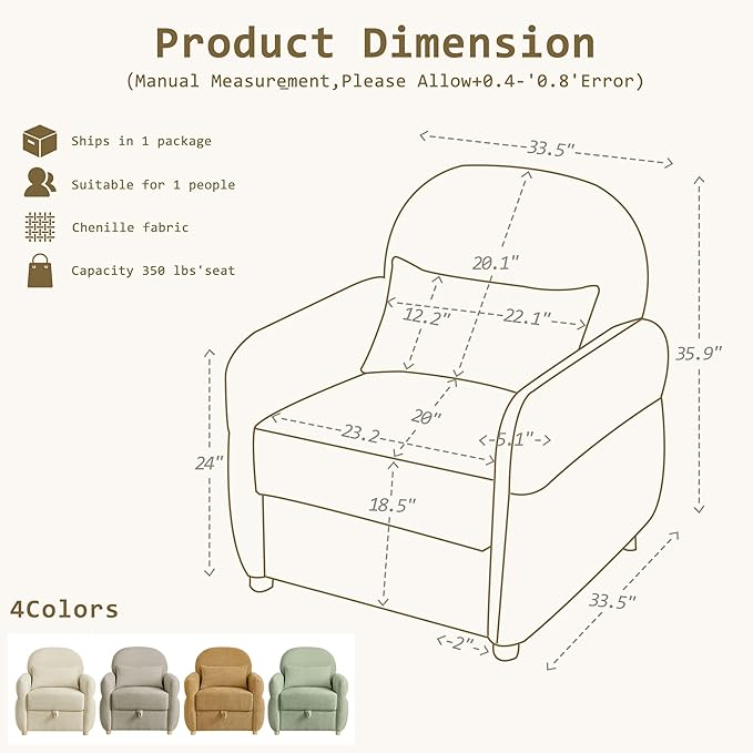 33.5" Mordern Accent Chairs,Reading Chair with Storage,Single Sofa in Chenille Fabric for Living Room, Bedroom and Compact Spaces. (Grey)