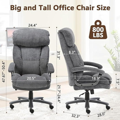 CLATINA Big and Tall Executive Office Chair, Extra Wide Seat, 800 LBS Capacity Heavy Duty Ergonomic Cloth Desk Chair with Wheels and Padded Armrests, High Back Fabric Computer Task Chair, Grey