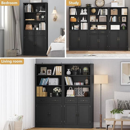 72'' Tall Bookcase with Doors and Drawers, Adjustable Shelves, P2 MDF Construction, 32'' Wide Freestanding Cabinet with Metal Handles, Hidden Storage for Living Room, Bedroom, Black