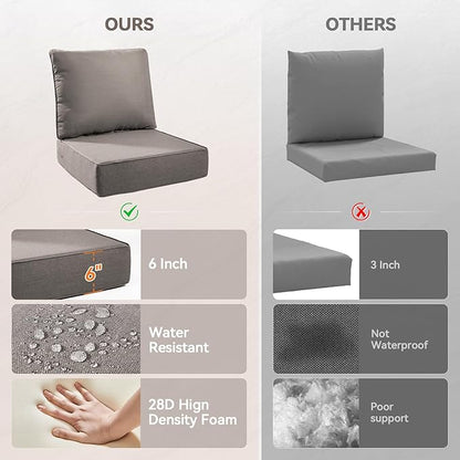 Luxury 6" Outdoor Cushions for Patio Furniture, 24x24x6" Thick Seat Cushion Set of 10, Fade Resistant Couch Chair Replacement Cushions High Density Deep Wicker Chair Cushion w/ Removable Cover Gray