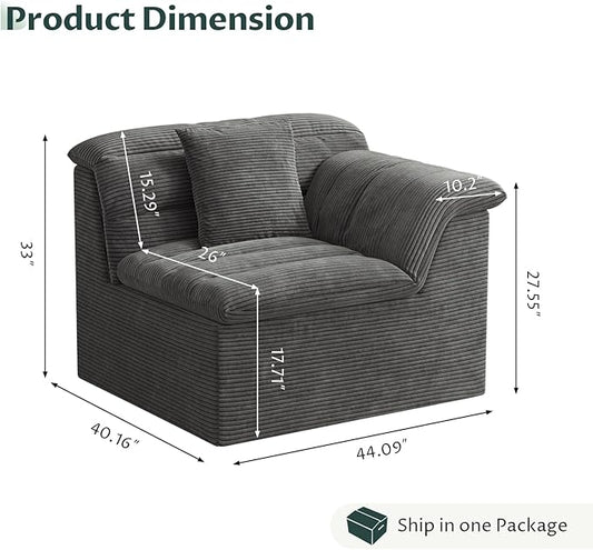 44" Cloud Sectional Couch with Single Arm, Modern Compressed Sofa, Comfy Sleeper Sofa, Corduroy Upholstered Couches for Small Space/Apartment, No Assembly Required, Dark Gray, Right Side