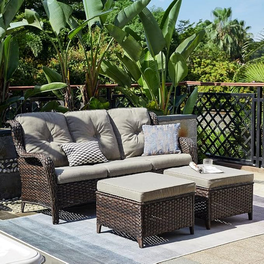 HUMMUH Patio Furniture 5 Pieces Outdoor Furniture Set Wicker Outdoor Sectional Couch with Patio Swivel Rocking Chairs,Ottomans for Patio