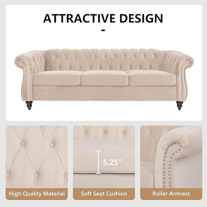 Velvet Sofa Couches Set, 3-Piece Mid Century Modern Upholstered Couch with Cushions, Home Sofa Sectional Furniture Sets, Comfy Tufted Chesterfield Couches for Living Room, Bedroom, Office