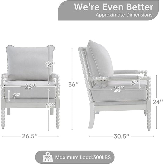 Morden Fort Linen Fabric Spindle Accent Chair with Wood Frame, French Style Accent Chairs with Padded Spring Seat and Armrest Pads, Brushed Base for Living Room Bedroom Farmhouse Office Balcony