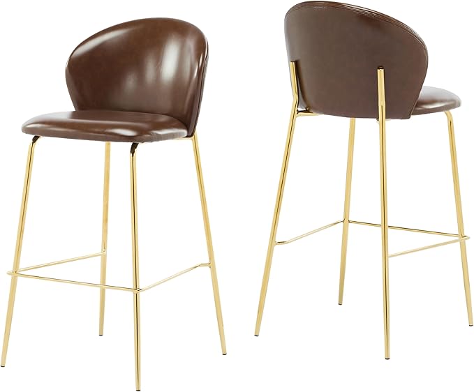 Christopher Knight Home Kira Indoor Upholstered Barstool with Metal Frame Set of 2, Bar Chairs Kitchen Stools, Comfy Faux Leather Bar Seating for Island Kitchen, 29.5''Seat Height, Dark Brown+Gold