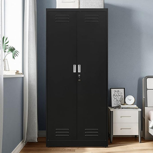 Metal Storage Cabinet with Locking Doors and Shelves, 71" Large Garage Locker with 4 Adjustable Shelves, Steel File Cabinet for Office, Garage, Home & Pantry (Black)