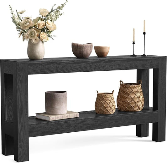 LITTLE TREE 63-Inch Black Console Table for Entryway, Narrow Long Wooden Entry Table for Living Room, Hallway, Sofa, Entrance, Foyer, Behind Couch with 2-Tier Storage Shelves