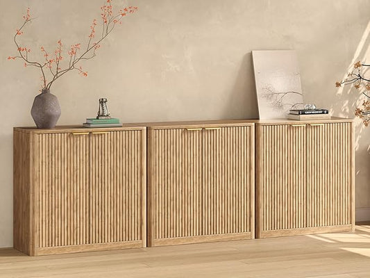 Evermagin 94.5" Oak Buffet Cabinet with Storage, Large Sideboard Cabinet, Boho Accent Credenza, Fluted Console Table with Doors for Dining Room, Kitchen, and Living Room