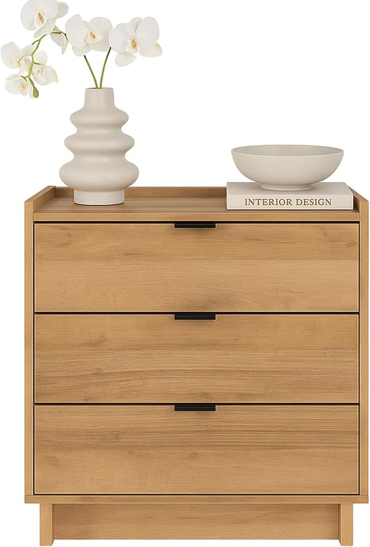 Prepac Simply Modern Nightstand Bedside Table, Natural Oak Nightstand for Bedroom, End Table with 3 Drawers 26.5" W x 26.75" H x 16" D