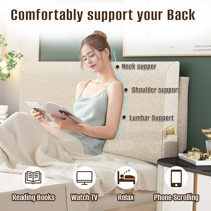 Upholstered Twin Headboard, No Tools Needed, Wall Mounted Headboard with Removeable Washable Linen, Multi-Functional Backrest (Beige)