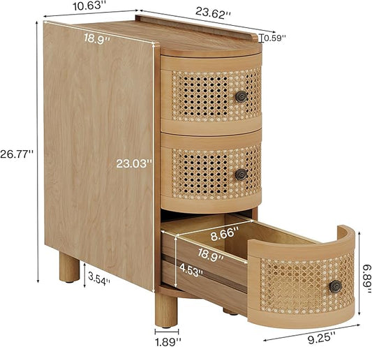 Tribesigns 3-Drawer Rattan End Table, Sofa Side Table with Vintage Embossed Handles, Slim Nightstand for Living Room, Bedroom, FiniMDF, No Assembly (1, Oak)