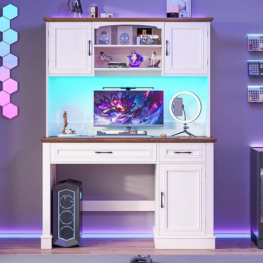 Farmhouse 47" Executive Desk with Hutch, 2 Drawers and LED Light, Computer Desk with Storage Cabinet and Charging Station,Workstation for Home Office and Study.Unique White