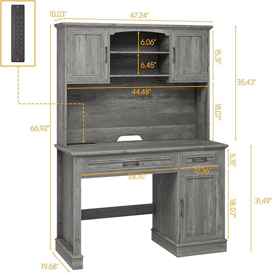 Vabches Farmhouse 47" Executive Desk with Hutch, 2 Drawers and LED Light, Computer Desk with Storage Cabinet and Charging Station,Workstation for Home Office and Study.Grey