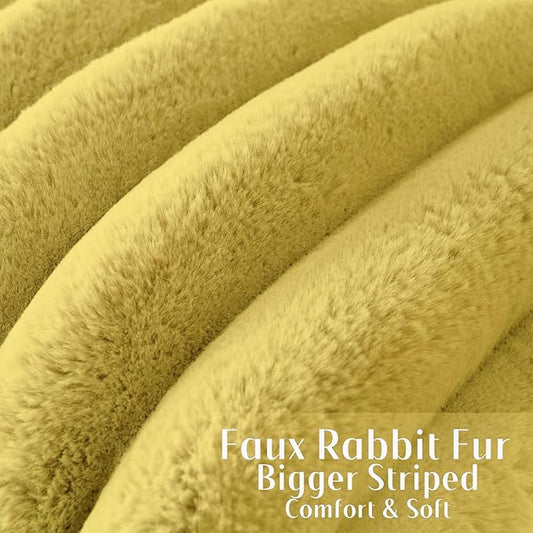 FUTEI Mustard Yellow Decorative Throw Pillow Covers 24x24 Inch Set of 2, Square Soft Faux Rabbit Fur Big Striped Pillow Sham,Home Decor for Couch Sofa Bed Living Room