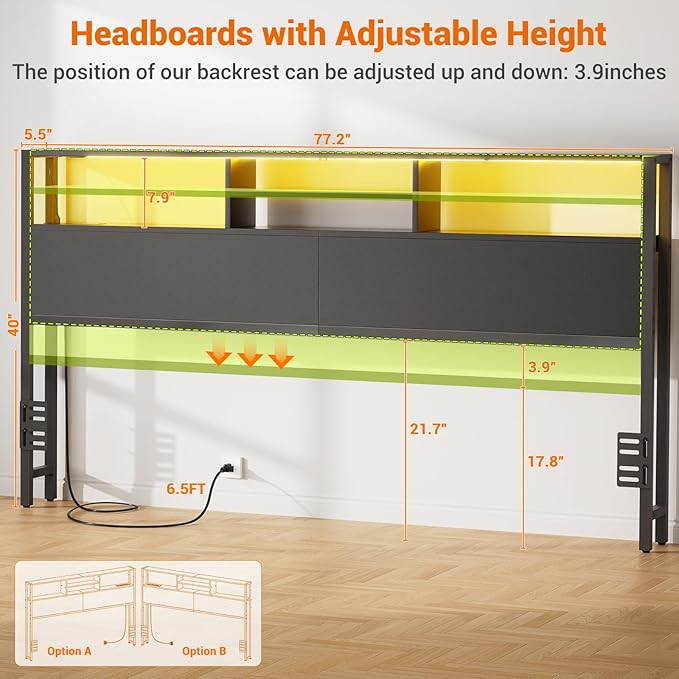 Aheaplus Headboard for King Size Bed with Storage, Headboards with Outlets, USB Ports and LED Light, King Size Head Board Only, Height Adjustable, Reversible, Sturdy and Stable Headboard, Black