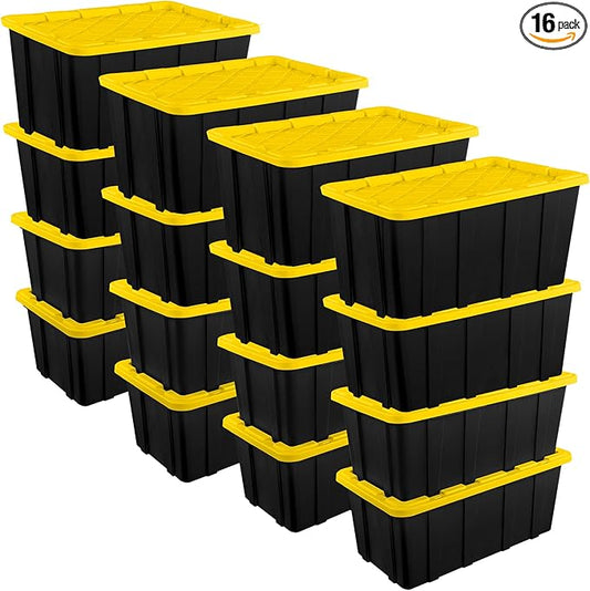 Sterilite 16-Pack Industrial Tote, Plastic Storage Container Bins with Lids, 38 Gallon - Heavy-Duty Organizing Containers for Closet, Bathroom, and Office