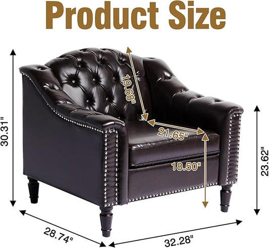 LEVNARY Chesterfield Chair Leather, Upholstered Sofa Chair with High Back, Mid-Century Modern Armchair with Solid Wood Legs, Single Couches for Living Room (Brown)