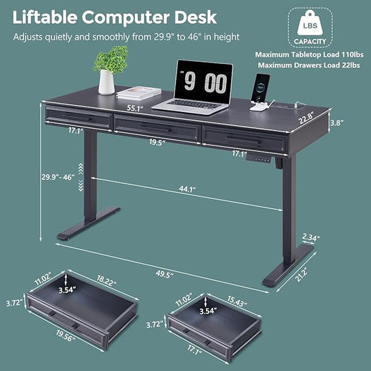 55x22 Inch Electric Standing Desk with One-Piece Desktop, Adjustable Height Computer Desk with 3 Storage Drawers & Power Outlets, Sit to Stand Up, Gaming Table for Home Office and Study, Black
