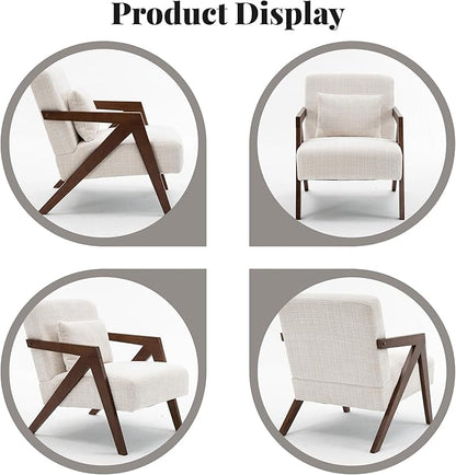 Mid-Century Modern Accent Chair Set of 2 with Solid Wood Frame，Upholstered Chenille Living Room Arm Chairs with Pillow for Bedroom, Living Room, Reading Room, Balcony, Beige