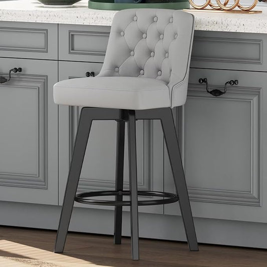 MINCETA Bar Stool, PU Leather Barstool, 30 Inch Upholstered Counter Stool with Low Tufted Back and Footrest, Swivel Counter Height Barstool for Kitchen Island Home Bar Light Gray