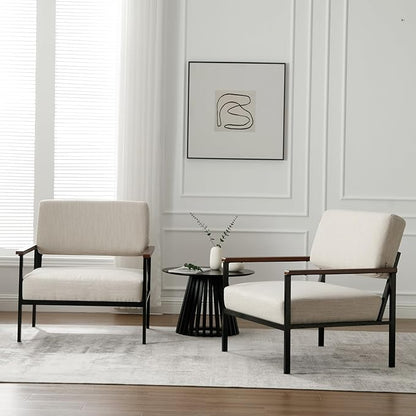 Mid Century Modern Accent Chair Arm Chairs, Comfy Armchair Linen Upholstered with Black Metal, Beige