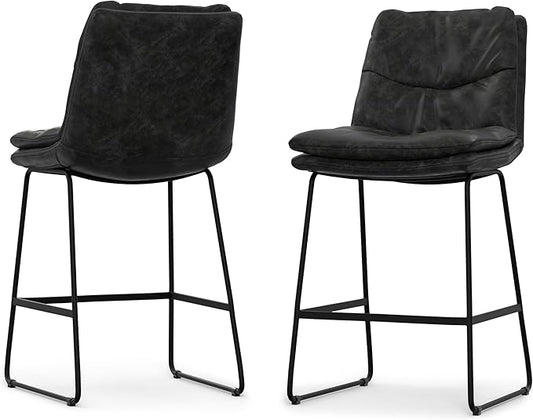 SIMPLIHOME Danika Counter Stools (Set of 2) - 24 Inch Seat Height Upholstered Metal Kitchen Seats in Distressed Charcoal Grey Vegan Faux Leather, Mid Century Seating with Tufted Design and Footrest