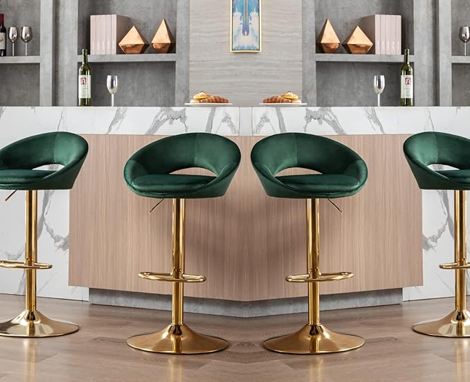 CIMOO Velvet Swivel Bar Stools Set of 2 with Open Back, Upholstered Adjustable Bar Height Bartools Modern Counter Height Barstools Island Chairs with Gold Legs for Kitchen/Home Bar/Pub, Green