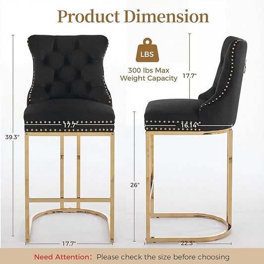 Counter Height Bar Stools Set of 2 for Kitchen Island, Modern Bar Stools with Backs, 26 Inch Barstools with Upholstered Velvet Seat and Metal Frame, Black