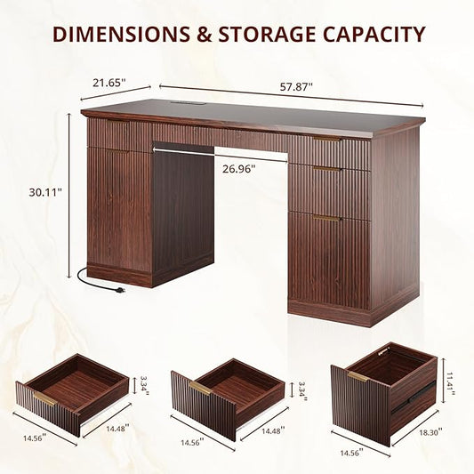 FURSUN 58" Fluted Modern Desk with Storage, Home Office Desk with 1 File Cabinet & 5 Drawers, Wood Executive Computer Writing Desk for Study, Living Room, Bedroom(Dark Walnut)