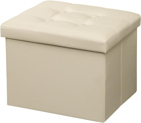 AmasSmile Storage Ottoman Folding Foot Rest Stool, Leather Footstool Bench, Short Ottoman Stool, Storage Foot Rest Store, Books (Beige, 17" D x 13" W x 13" H)