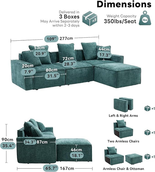 WILLOVE 109'' Modular Sectional Sofa, Chenille Cloud Couch with Wide Armrests & 5 Pillows, Deep Seat Couches for Living Room, Green