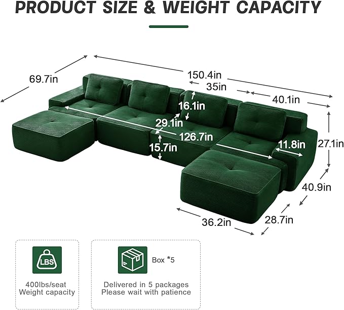 150.4” Green Boneless Couches for Living Room, Modular Sectional Sofa with U-Shape Chaise, 4 Seater Comfy Upholstered Deep Seat Corduroy Fabric Cloud Couch No Assembly, Anti-Slip Design