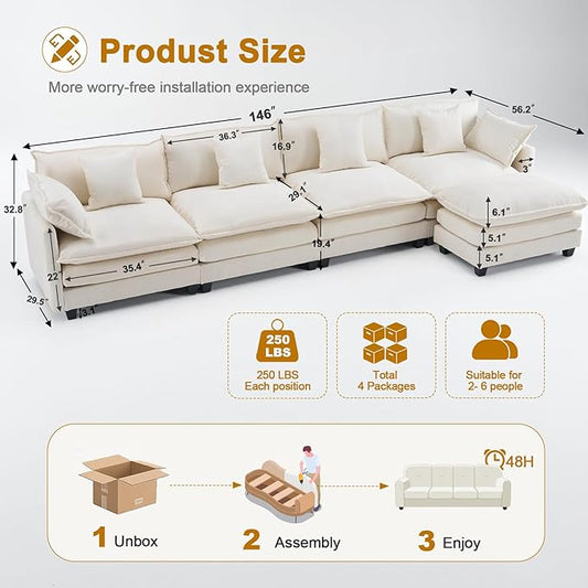 U-Shaped Cloud Chenille Sectional with 2 Ottomans, 146" Modular Sofa for Large Spaces, Ultimate Comfort with Deep Seats & Pillows, Solid Frame, 1YR Warranty
