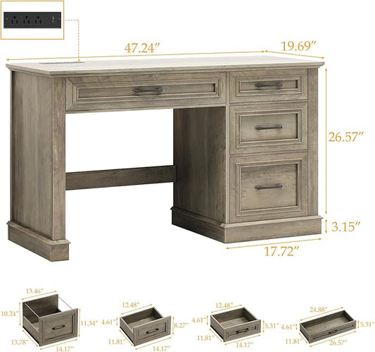 Vabches Farmhouse 47" Executive Desk, Computer Desk with Drawers and File Drawer, Workstation Computer Desk with Charging Station for Home Office,Study,Dark Grey.