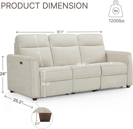 Zero Wall Recliner Sofa RV 3 Seater Wall Hugger Power Recliner Chair with Comfortable Backrest High Wood Leg USB & Type C Dual Charge Ports for Living Room RV Furniture or Small Spaces