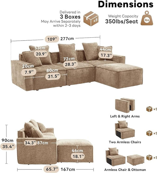 WILLOVE 109'' Modular Sectional Sofa, Chenille Cloud Couch with Wide Armrests & 5 Pillows, Deep Seat Couches for Living Room, Khaki
